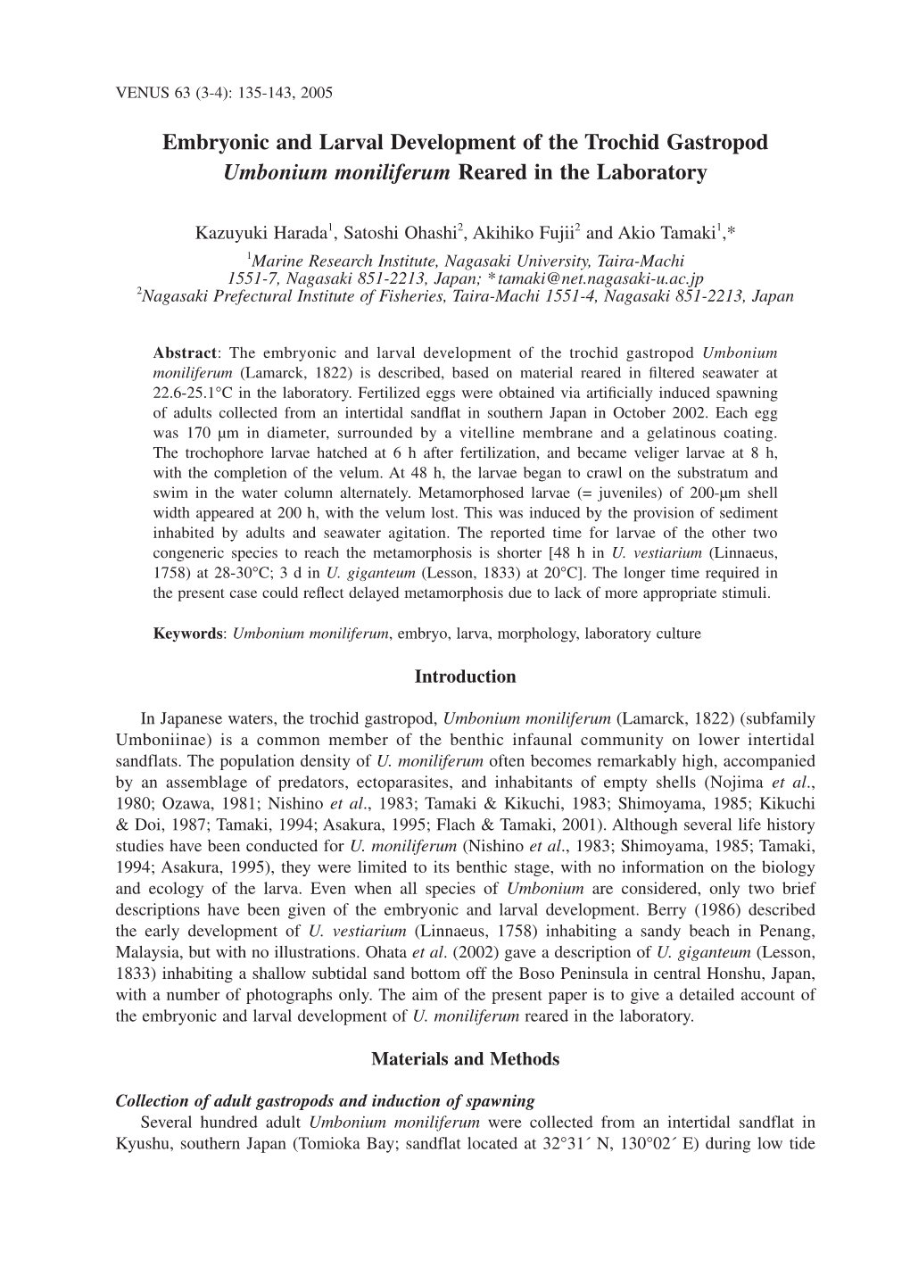 Embryonic and Larval Development of the Trochid Gastropod Umbonium Moniliferum Reared in the Laboratory