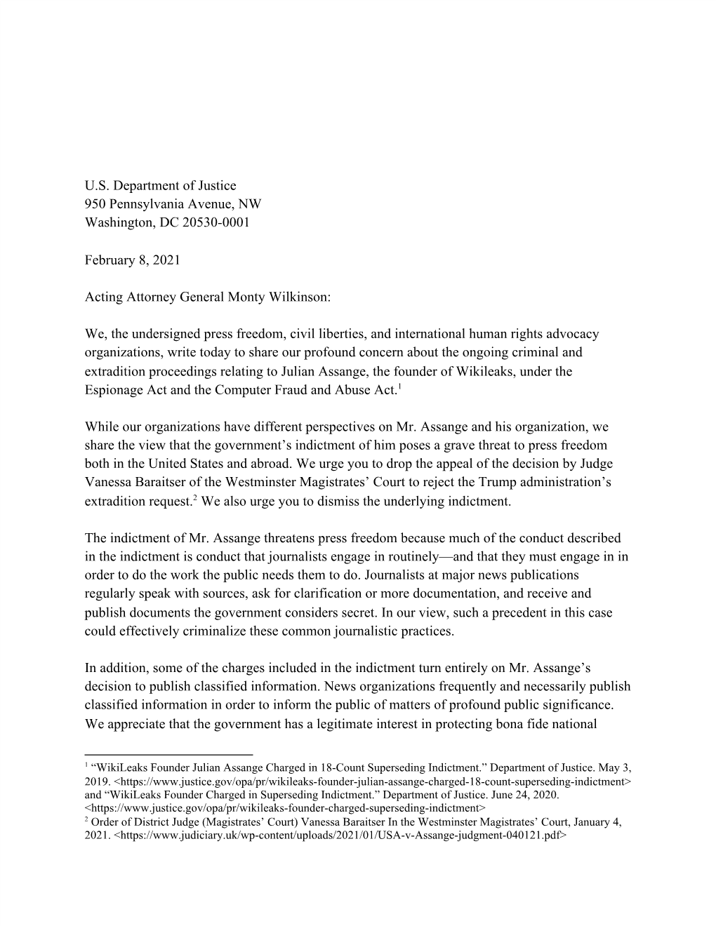 U.S. Department of Justice 950 Pennsylvania Avenue, NW Washington, DC 20530-0001 February 8, 2021 Acting Attorney General Monty