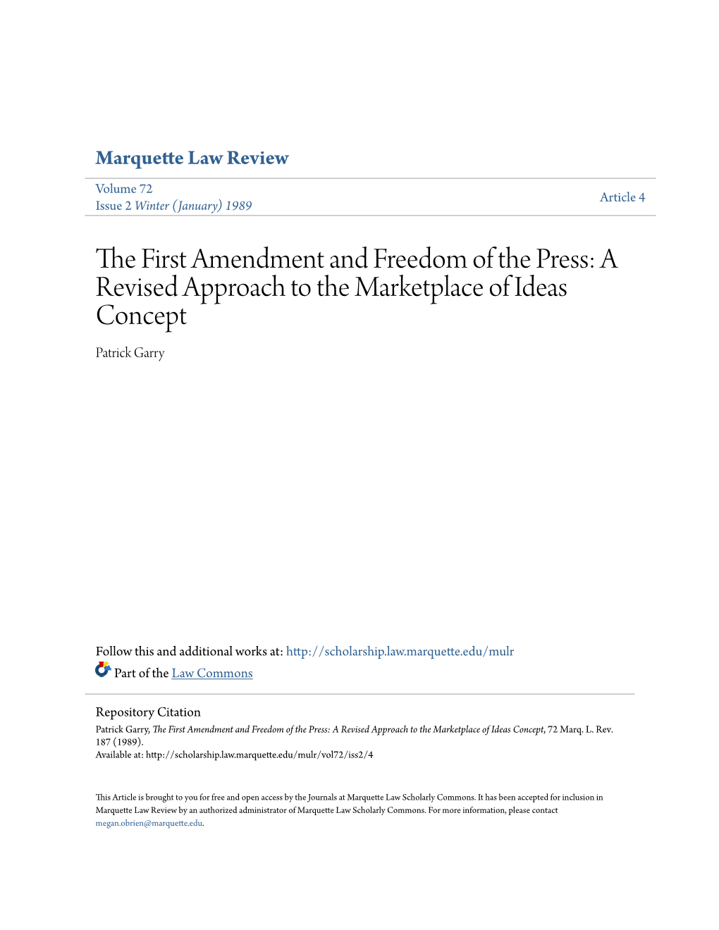 The First Amendment and Freedom of the Press: a Revised Approach to the Marketplace of Ideas Concept, 72 Marq