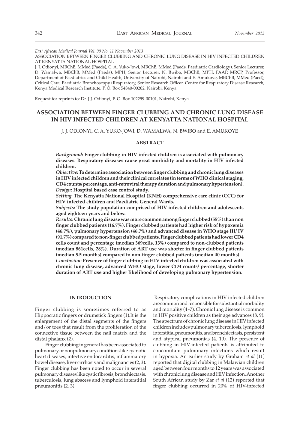 Association Between Finger Clubbing and Chronic Lung Disease in Hiv Infected Children at Kenyatta National Hospital J