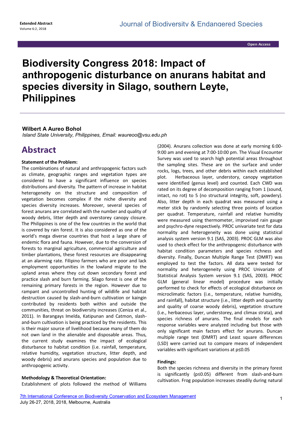 Impact of Anthropogenic Disturbance on Anurans Habitat and Species Diversity in Silago, Southern Leyte, Philippines