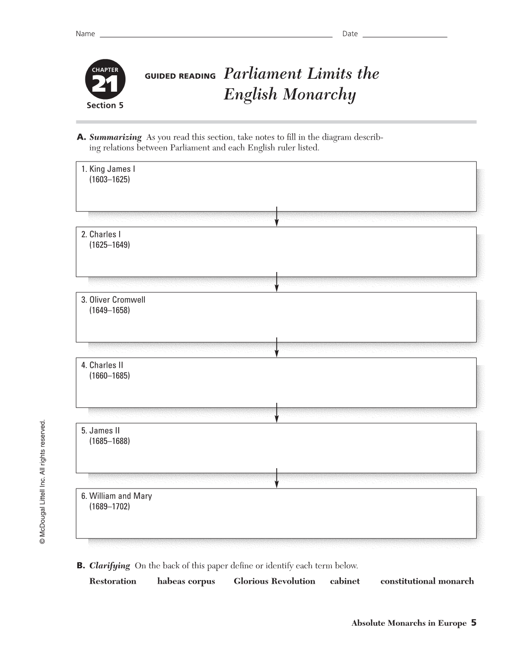 GUIDED READING Parliament Limits the English Monarchy