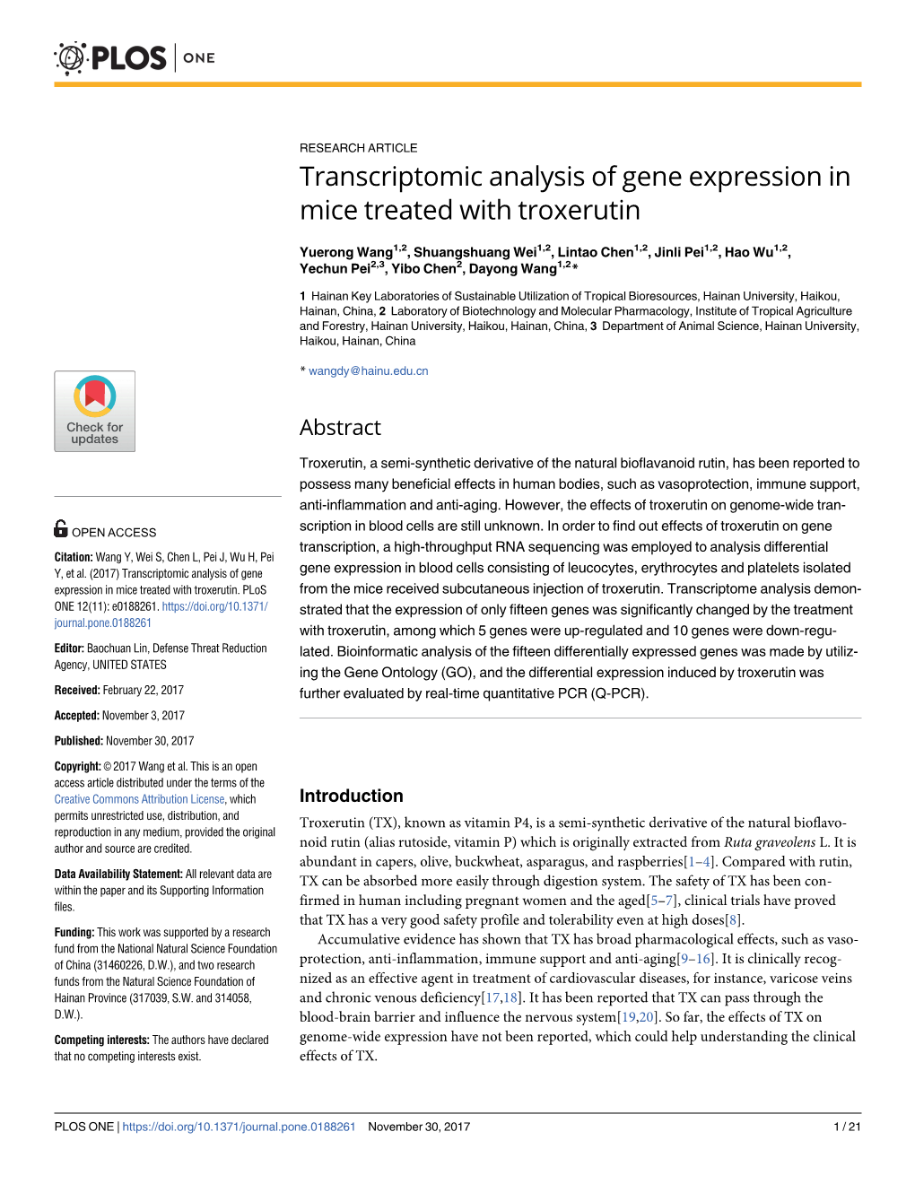 Transcriptomic Analysis of Gene Expression in Mice Treated with Troxerutin