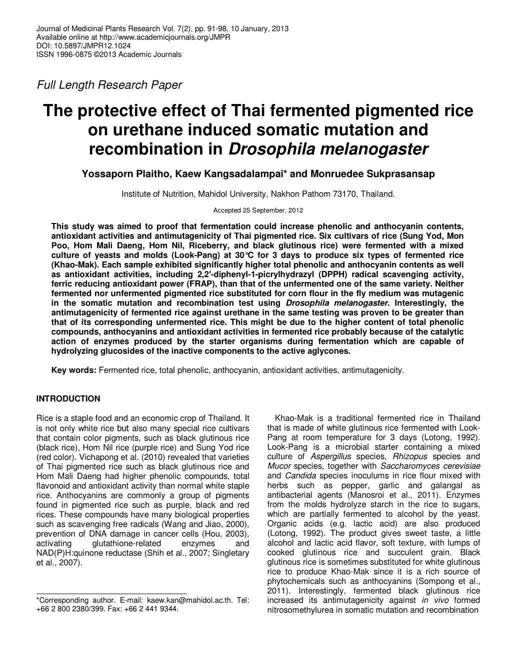 The Protective Effect of Thai Fermented Pigmented Rice on Urethane Induced Somatic Mutation and Recombination in Drosophila Melanogaster