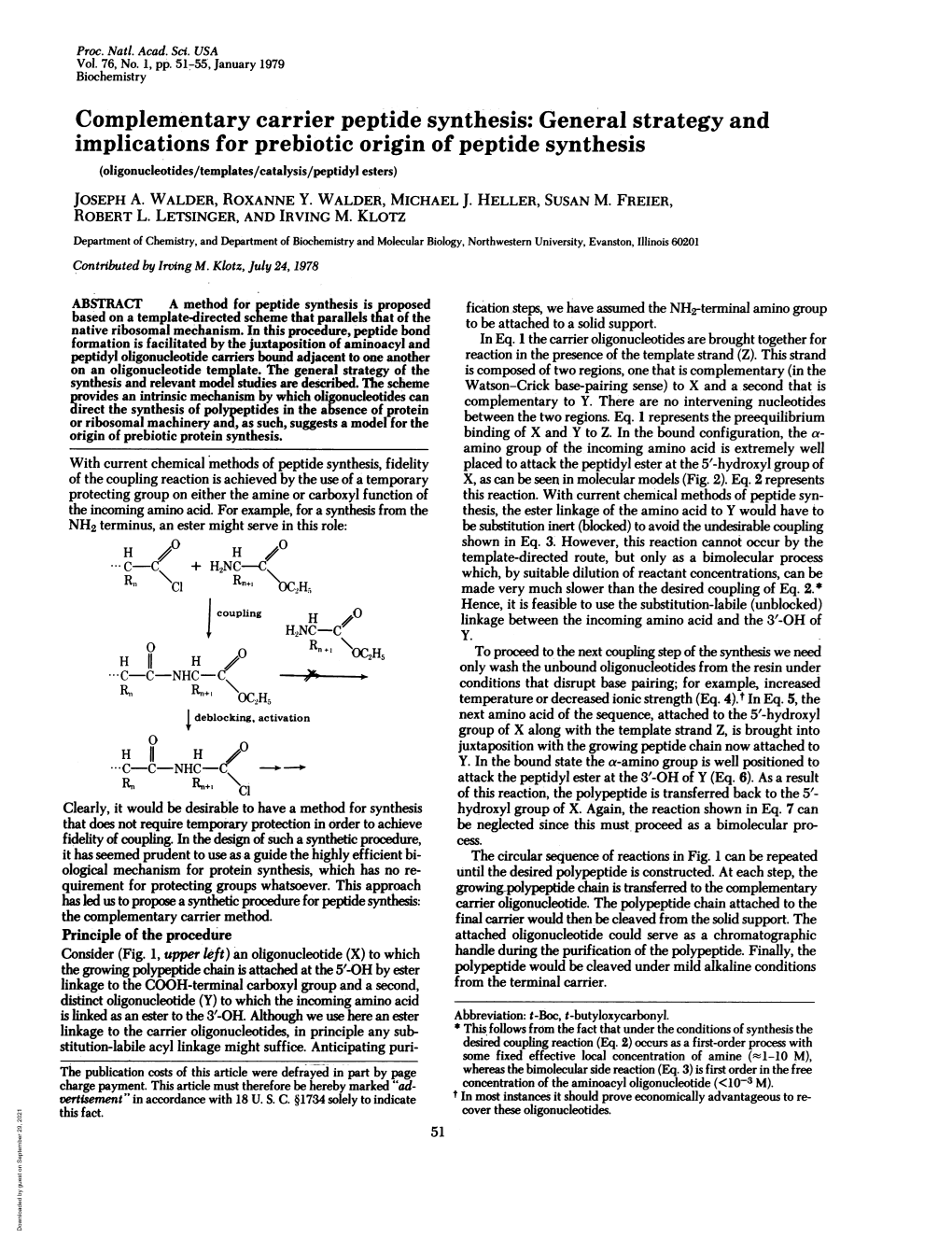 Implications for Prebiotic Origin of Peptide Synthesis (Oligonucleotides/Templates/Catalysis/Peptidyl Esters) JOSEPH A