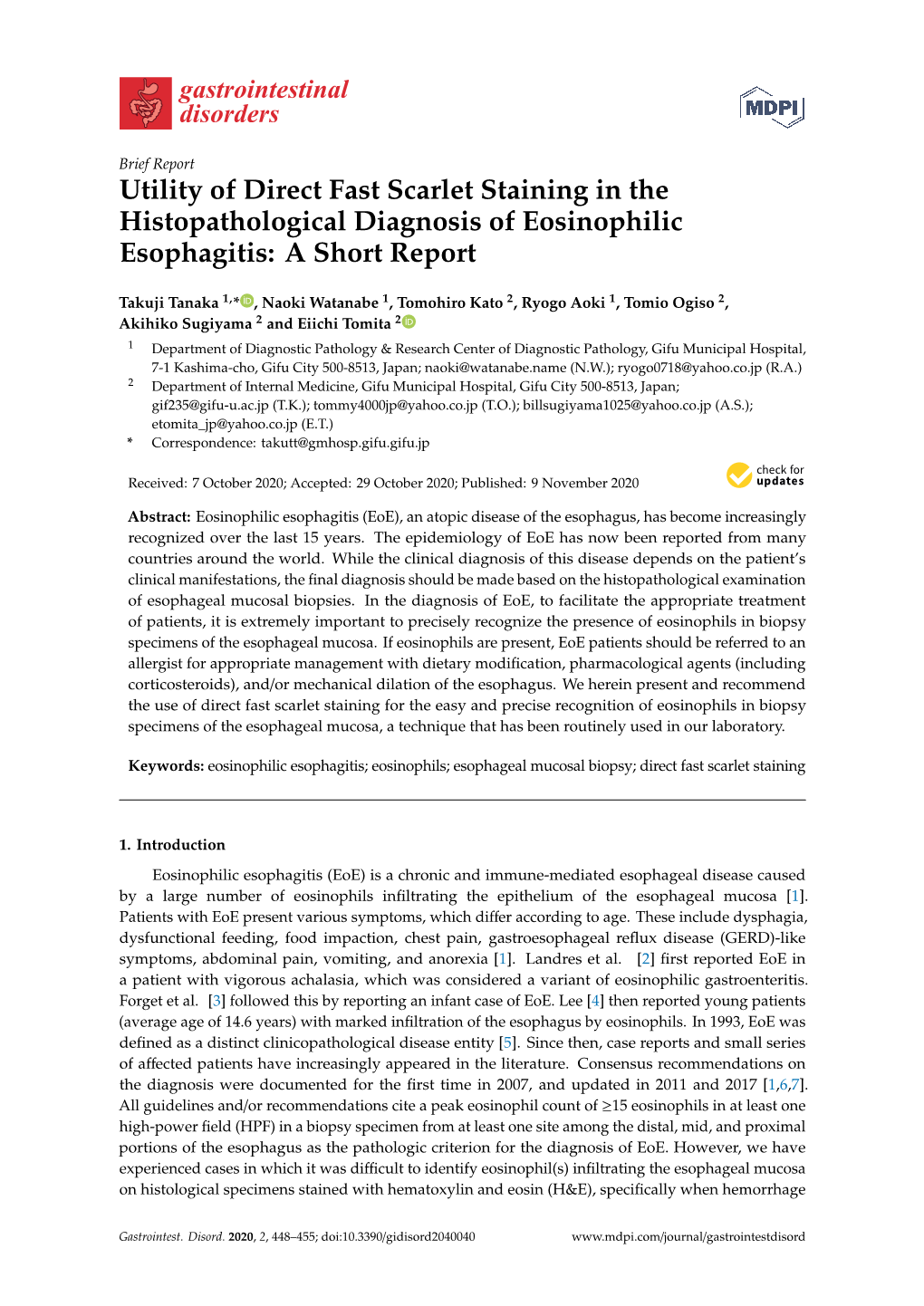 Utility of Direct Fast Scarlet Staining in the Histopathological Diagnosis of Eosinophilic Esophagitis: a Short Report