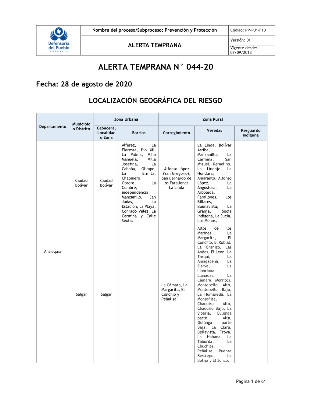 ALERTA TEMPRANA Vigente Desde