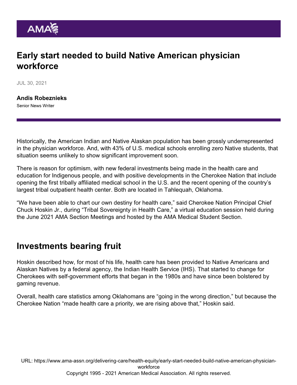 Early Start Needed to Build Native American Physician Workforce