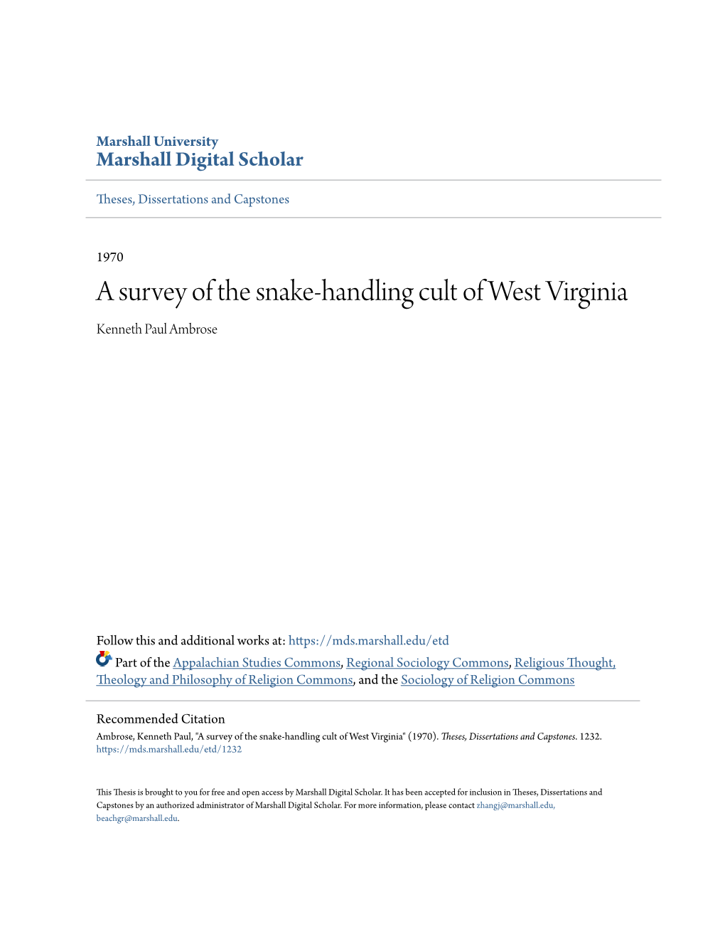 A Survey of the Snake-Handling Cult of West Virginia Kenneth Paul Ambrose