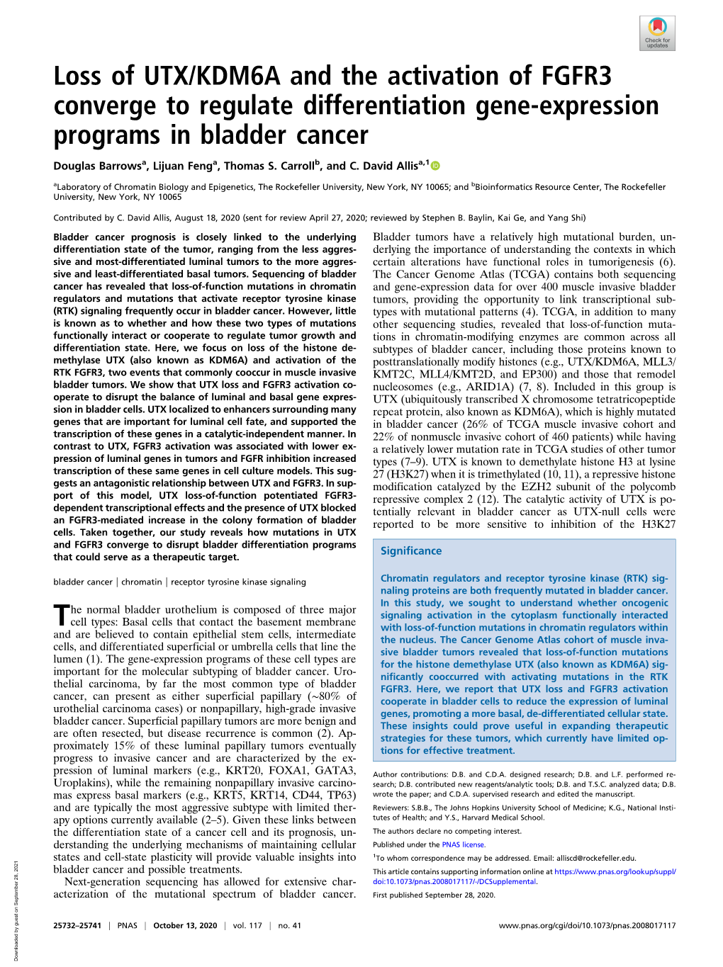 Loss of UTX/KDM6A and the Activation of FGFR3 Converge to Regulate Differentiation Gene-Expression Programs in Bladder Cancer