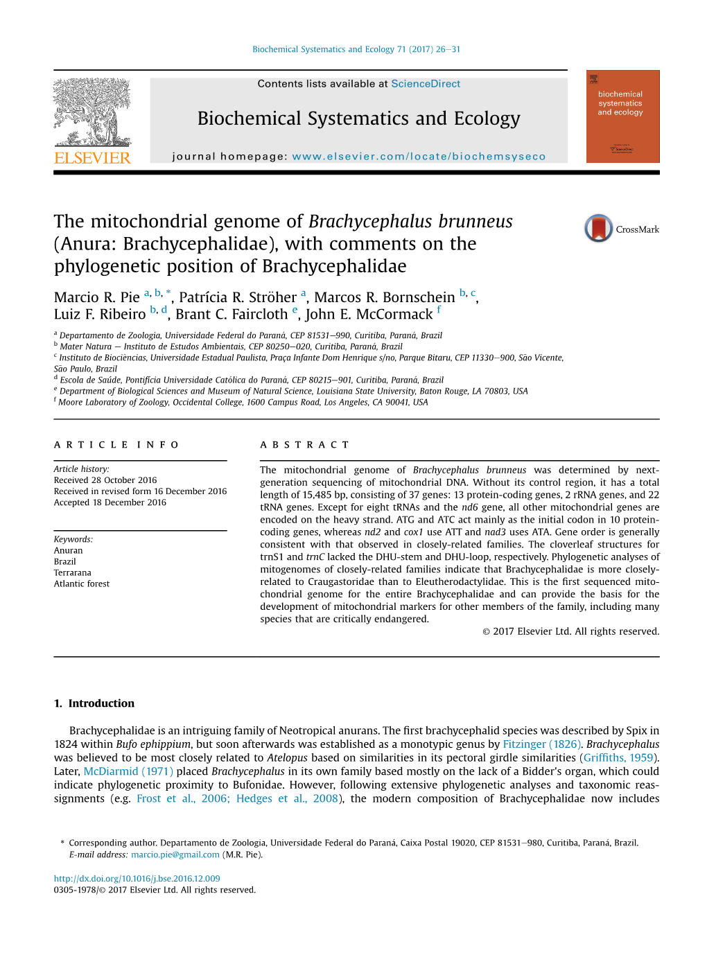 The Mitochondrial Genome of Brachycephalus Brunneus (Anura: Brachycephalidae), with Comments on the Phylogenetic Position of Brachycephalidae