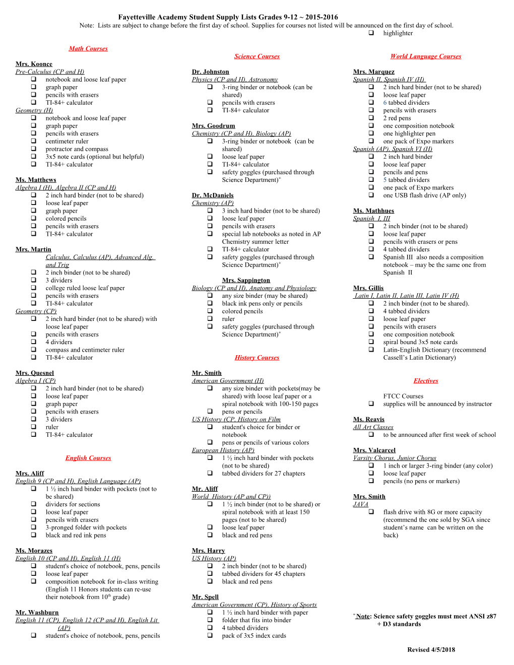 Fayetteville Academy Student Supply Lists Grades 9-12 2015-2016