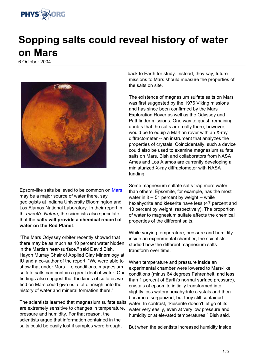 Sopping Salts Could Reveal History of Water on Mars 6 October 2004