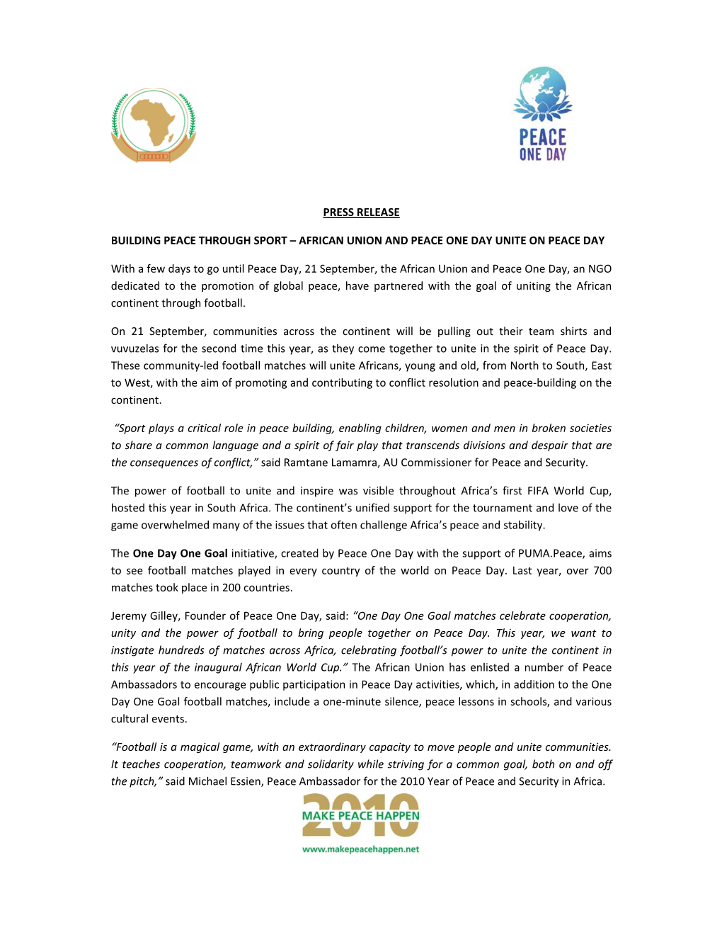 Press Release Building Peace Through Sport