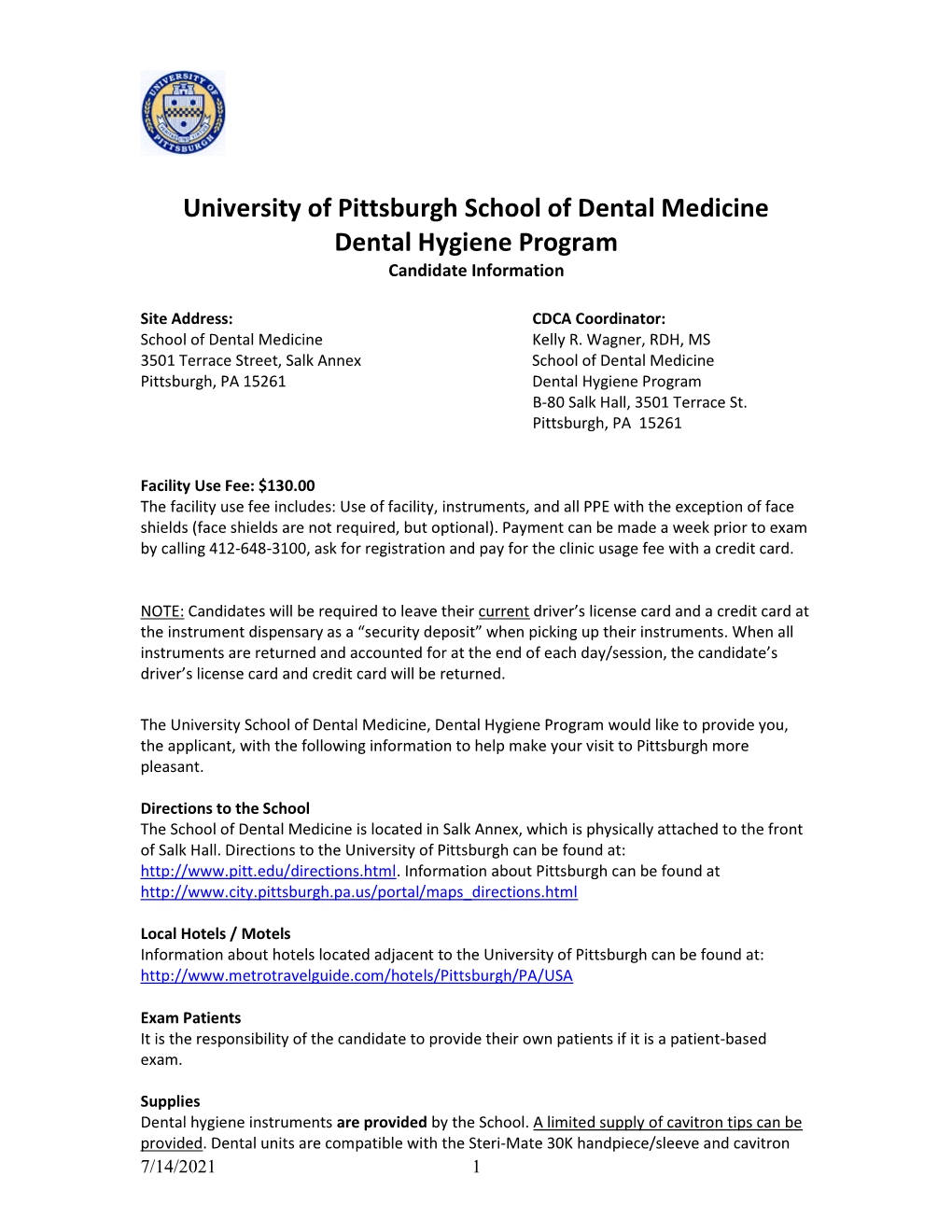 University of Pittsburgh School of Dental Medicine Dental Hygiene Program Candidate Information