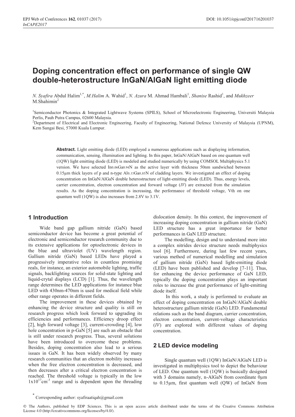 Doping Concentration Effect on Performance of Single QW Double-Heterostructure Ingan/Algan Light Emitting Diode