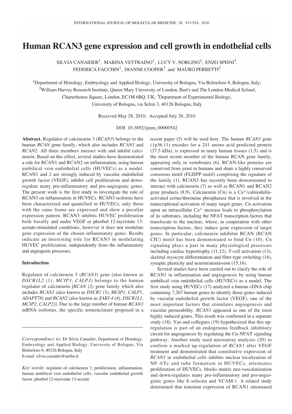 Human RCAN3 Gene Expression and Cell Growth in Endothelial Cells