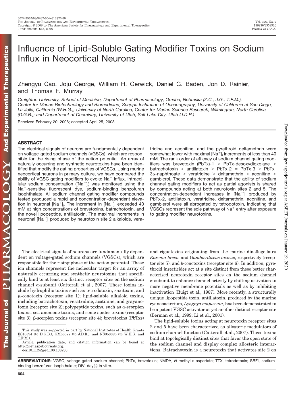 Influence of Lipid-Soluble Gating Modifier Toxins on Sodium Influx in Neocortical Neurons