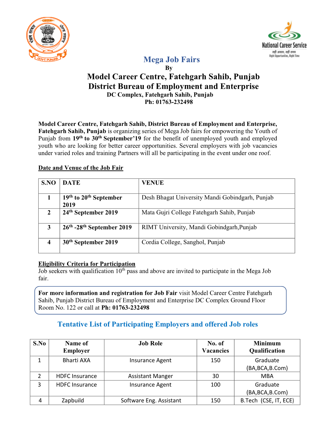 Mega Job Fairs Model Career Centre, Fatehgarh Sahib, Punjab District