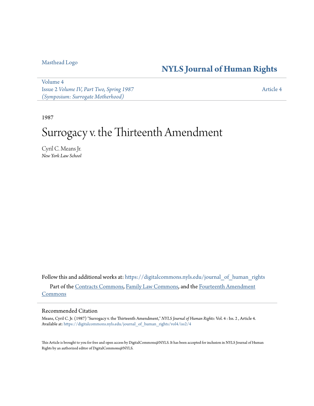 Surrogacy V. the Thirteenth Amendment Cyril C