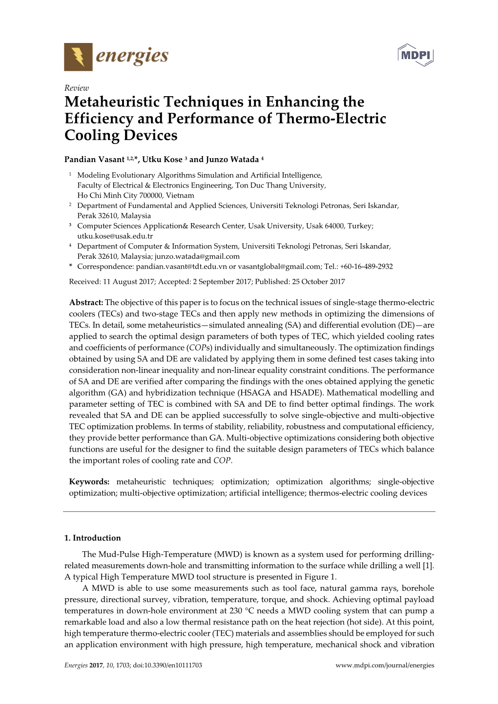 Metaheuristic Techniques in Enhancing the Efficiency and Performance of Thermo-Electric Cooling Devices