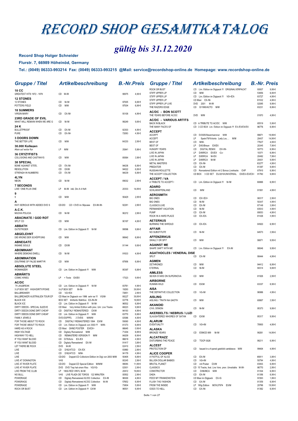 RECORD SHOP Gesamtkatalog Gültig Bis 31.12.2020 Record Shop Holger Schneider Flurstr