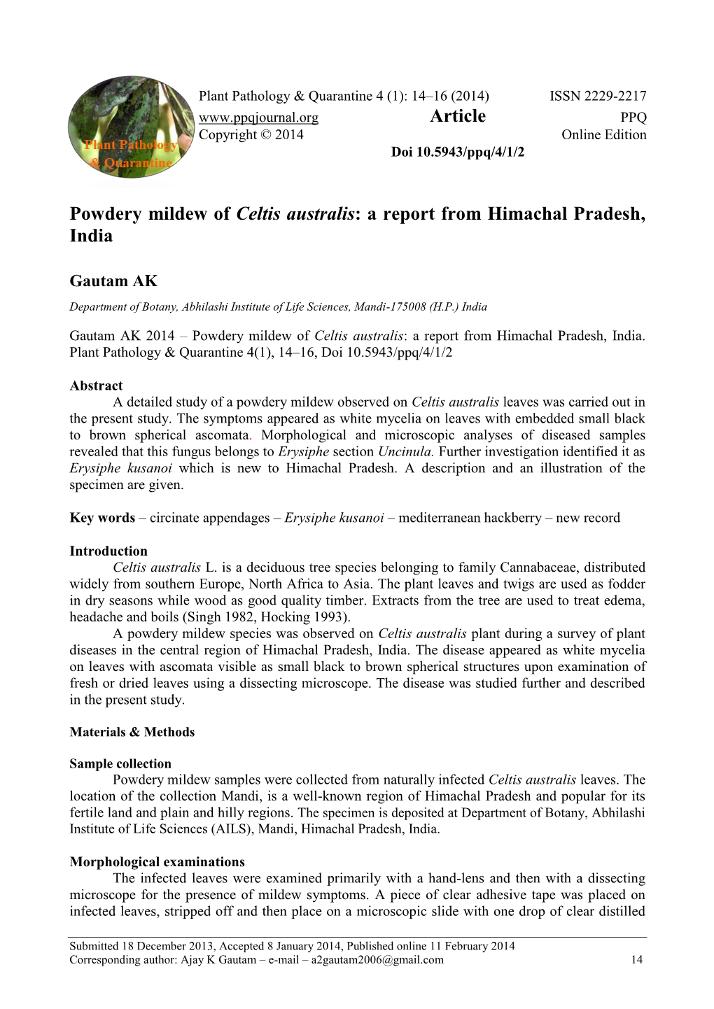 Powdery Mildew of Celtis Australis: a Report from Himachal Pradesh, India