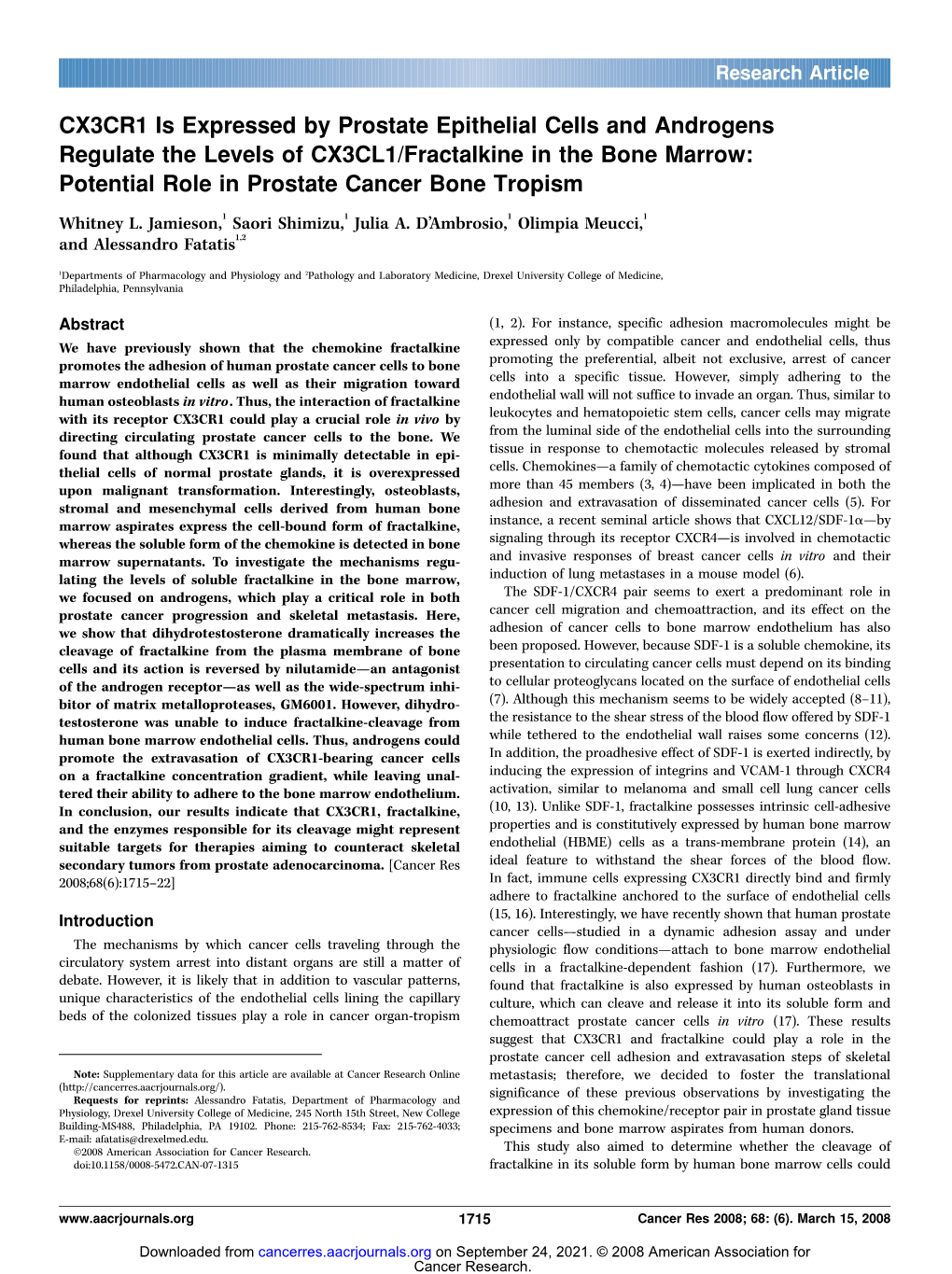 CX3CR1 Is Expressed by Prostate Epithelial Cells