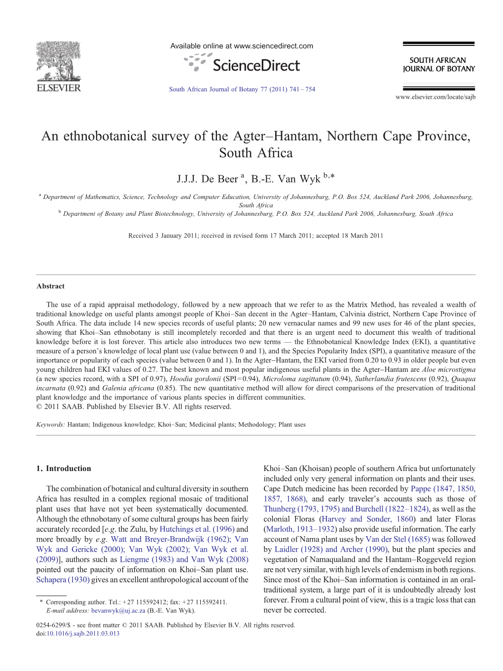 An Ethnobotanical Survey of the Agter–Hantam, Northern Cape Province, South Africa ⁎ J.J.J