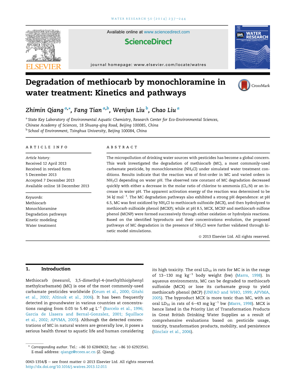 Degradation of Methiocarb by Monochloramine in Water Treatment: Kinetics and Pathways