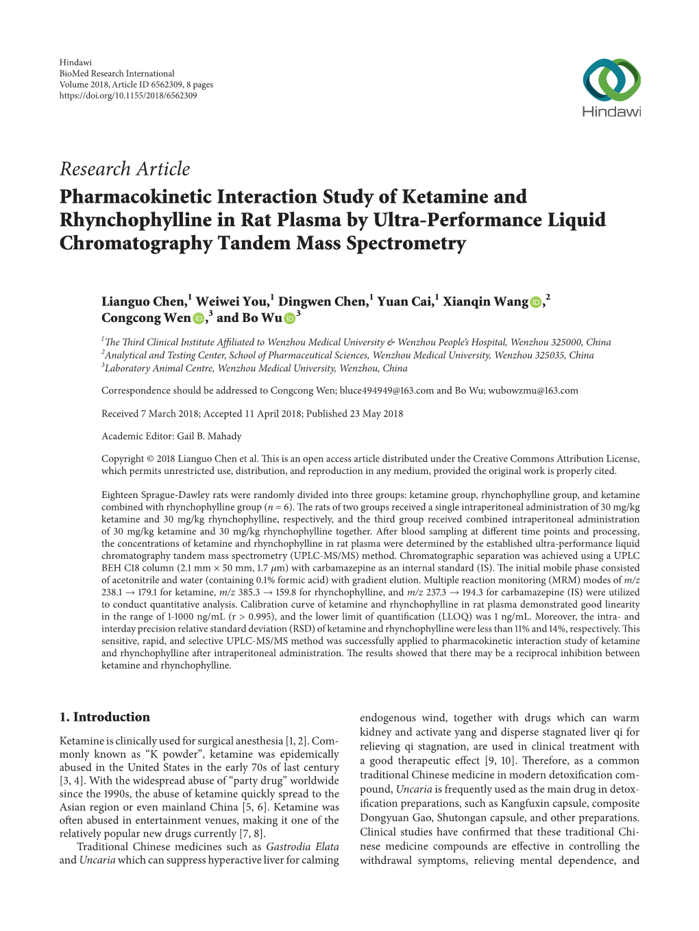 Research Article Pharmacokinetic Interaction Study of Ketamine and Rhynchophylline in Rat Plasma by Ultra-Performance Liquid Chromatography Tandem Mass Spectrometry