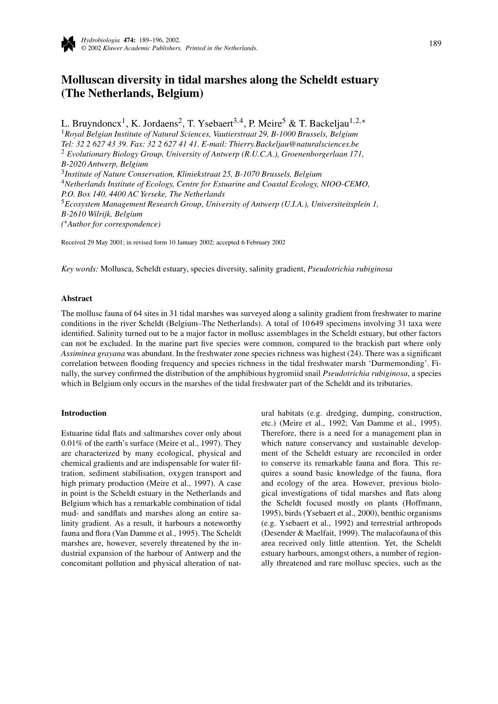 Molluscan Diversity in Tidal Marshes Along the Scheldt Estuary (The Netherlands, Belgium)