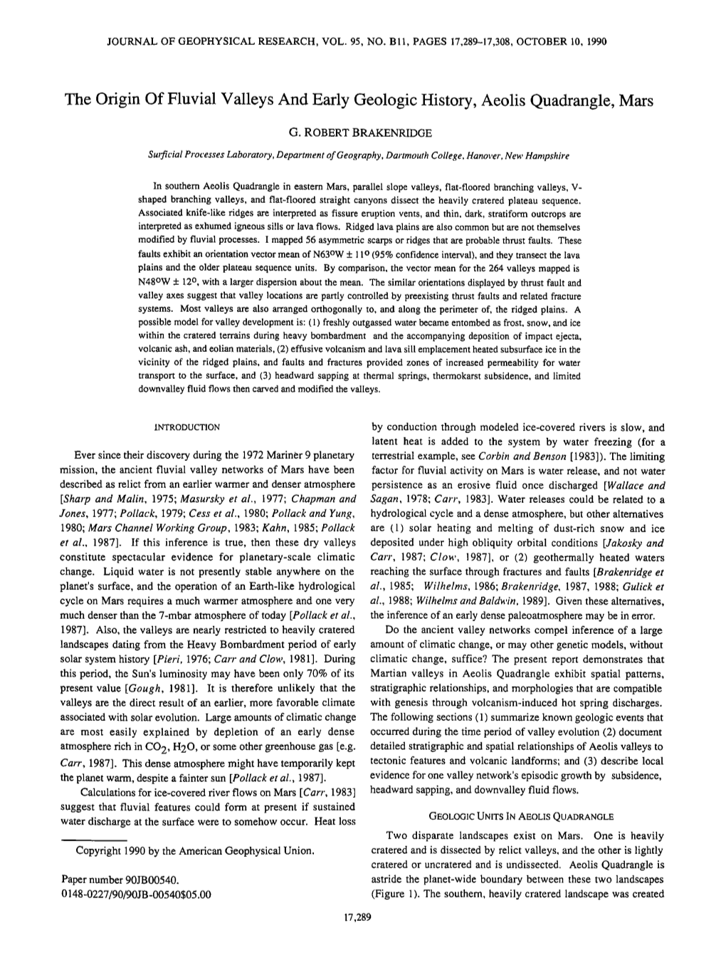 The Origin of Fluvial Valleys and Early Geologic History, Aeolis Quadrangle