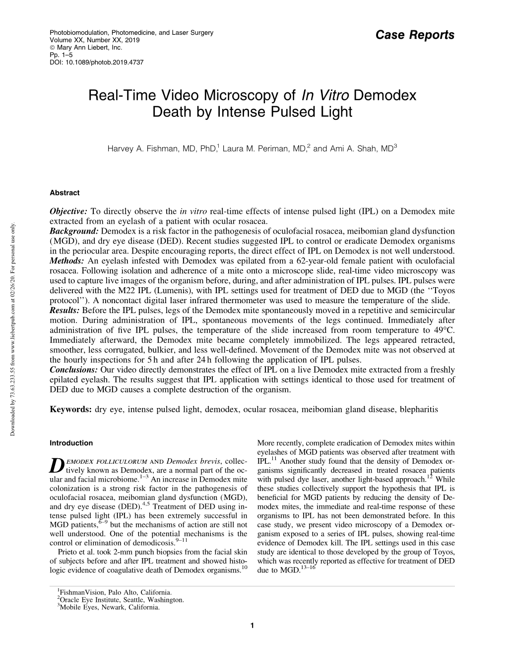 Real-Time Video Microscopy of in Vitro Demodex Death by Intense Pulsed Light