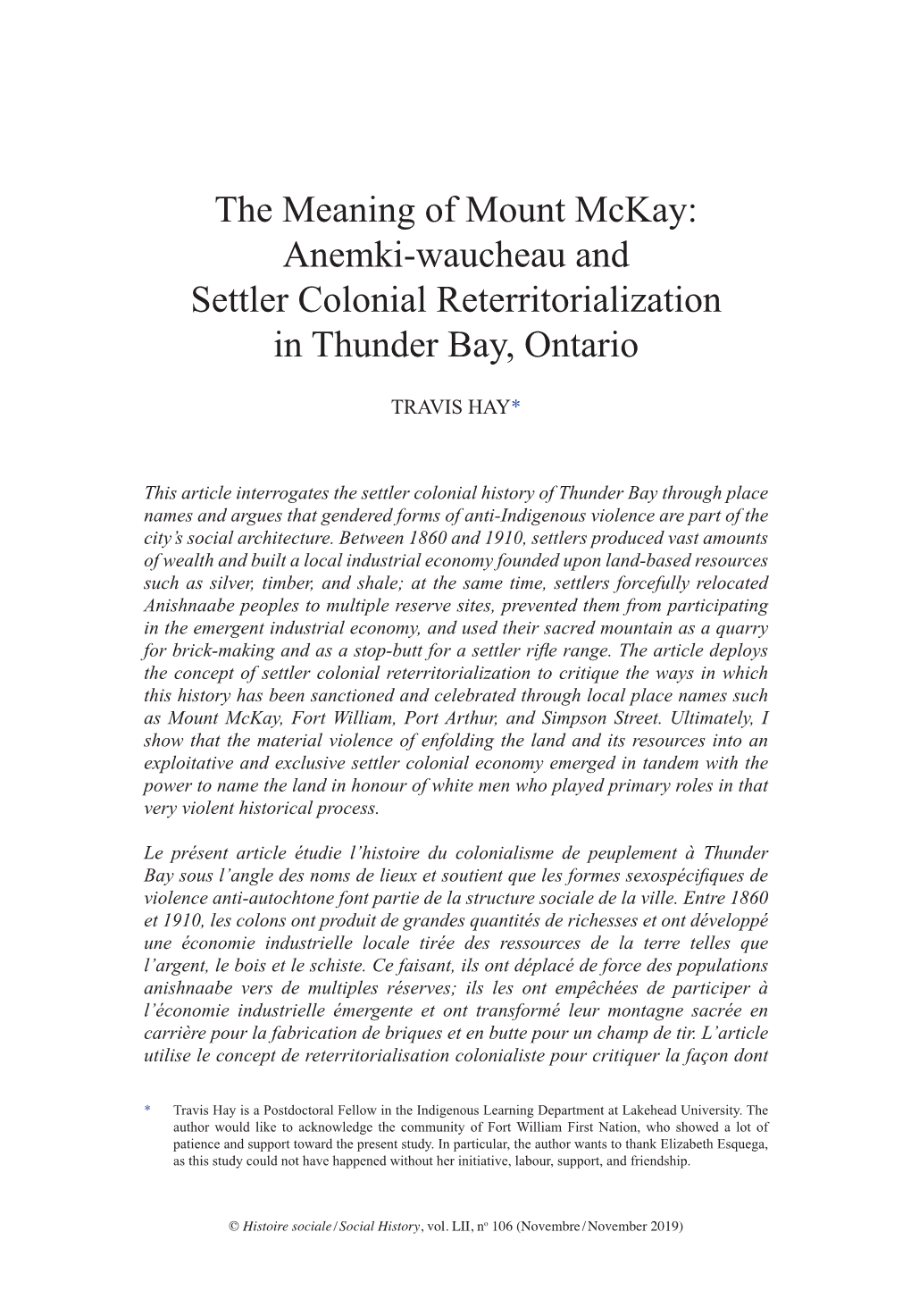 The Meaning of Mount Mckay: Anemki-Waucheau and Settler Colonial Reterritorialization in Thunder Bay, Ontario