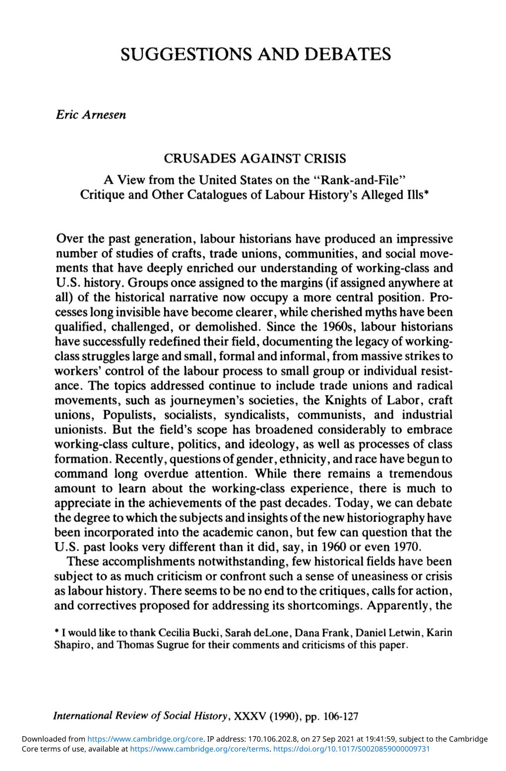 CRUSADES AGAINST CRISIS a View from the United States on the "Rank-And-File" Critique and Other Catalogues of Labour History's Alleged Ills*