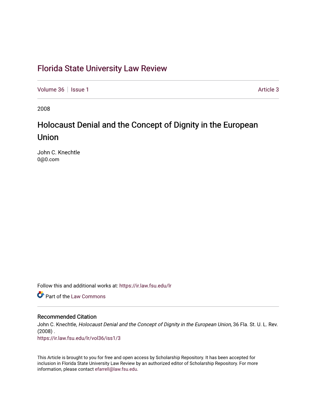 Holocaust Denial and the Concept of Dignity in the European Union