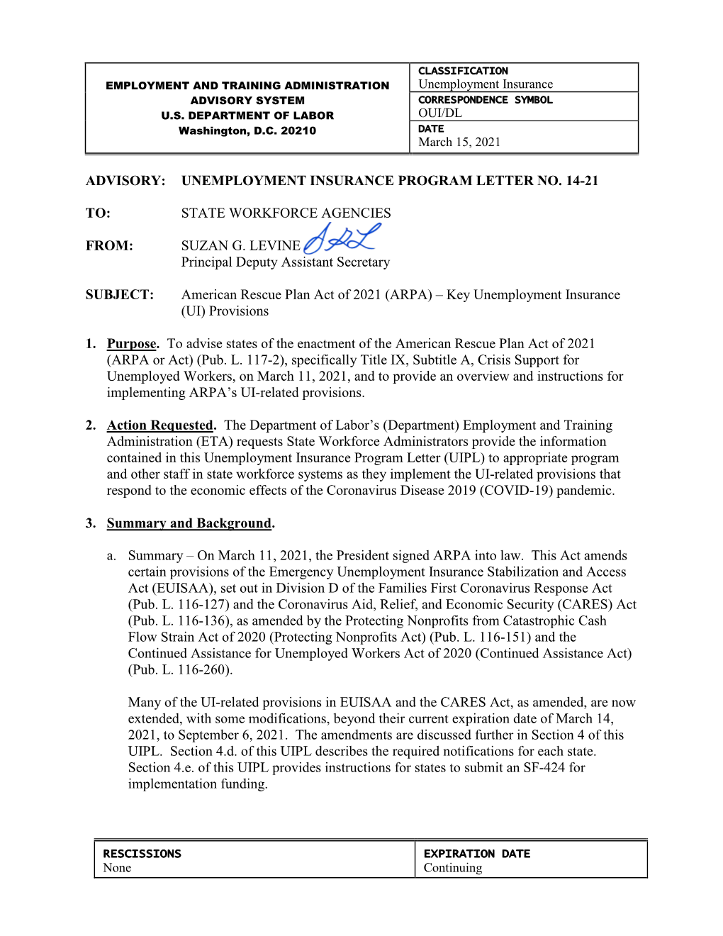 American Rescue Plan Act of 2021 (ARPA) – Key Unemployment Insurance (UI) Provisions