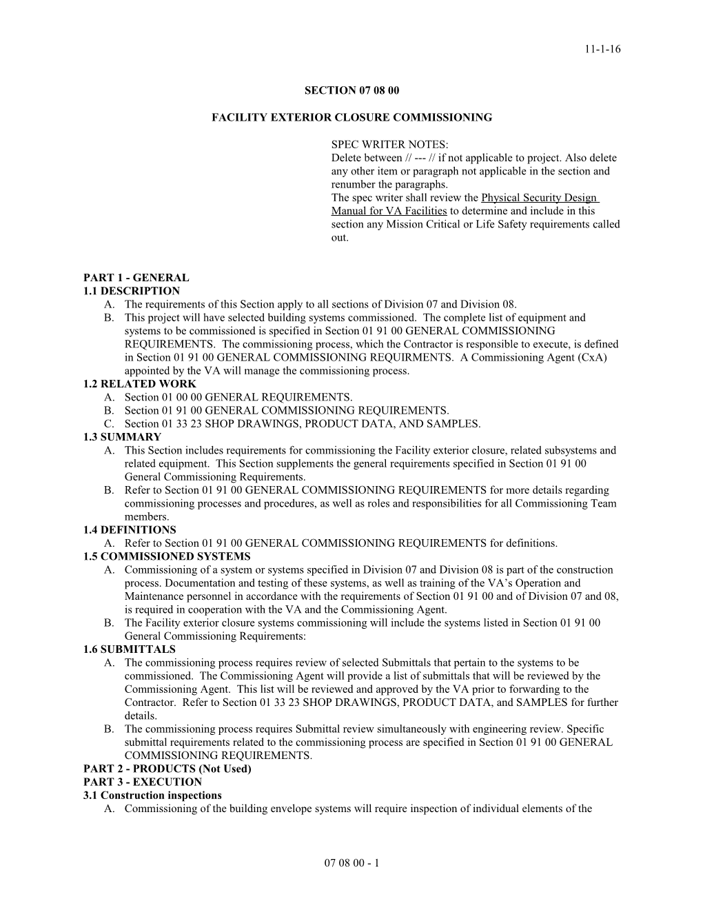 Section 07 08 00, Facility Exterior Closure Commissioning