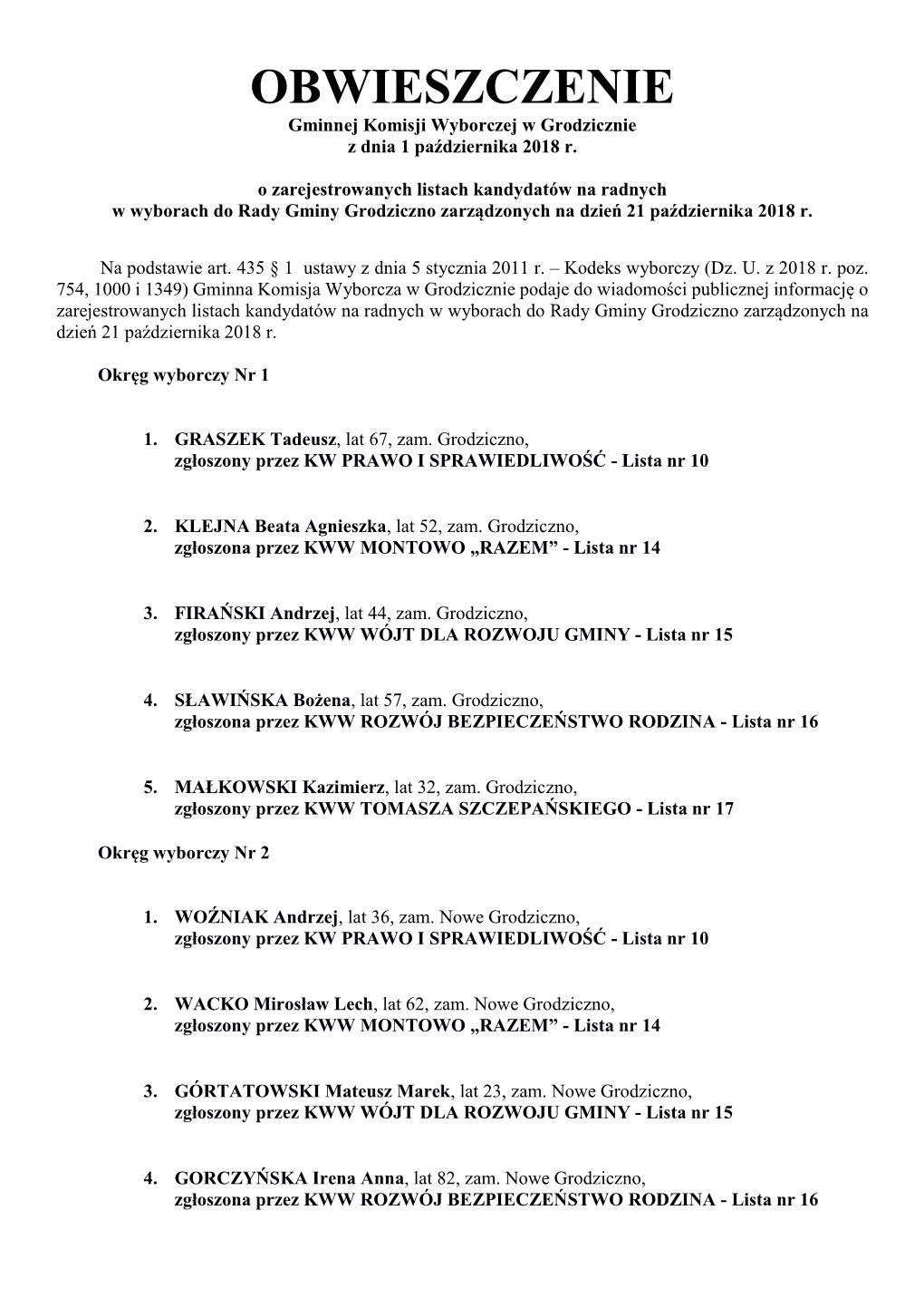 OBWIESZCZENIE Gminnej Komisji Wyborczej W Grodzicznie Z Dnia 1 Października 2018 R