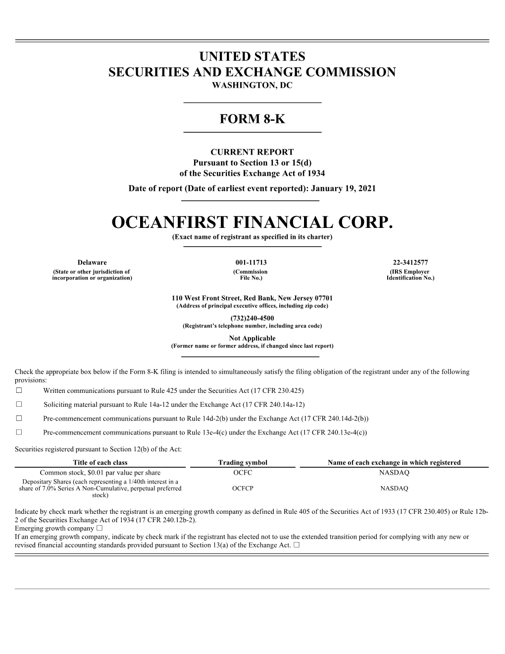 OCEANFIRST FINANCIAL CORP. (Exact Name of Registrant As Specified in Its Charter)