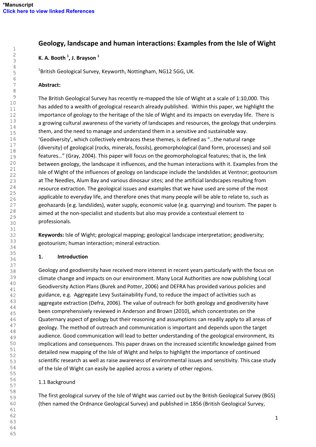 Geology, Landscape and Human Interactions: Examples from the Isle of Wight 1 2 K