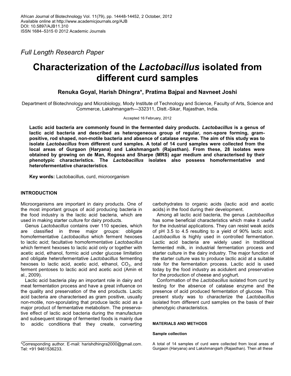 Characterization of the Lactobacillus Isolated from Different Curd Samples