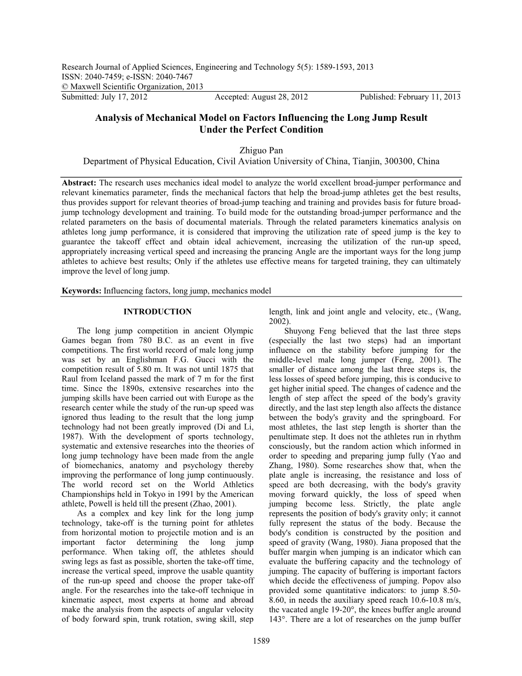 Analysis of Mechanical Model on Factors Influencing the Long Jump Result Under the Perfect Condition