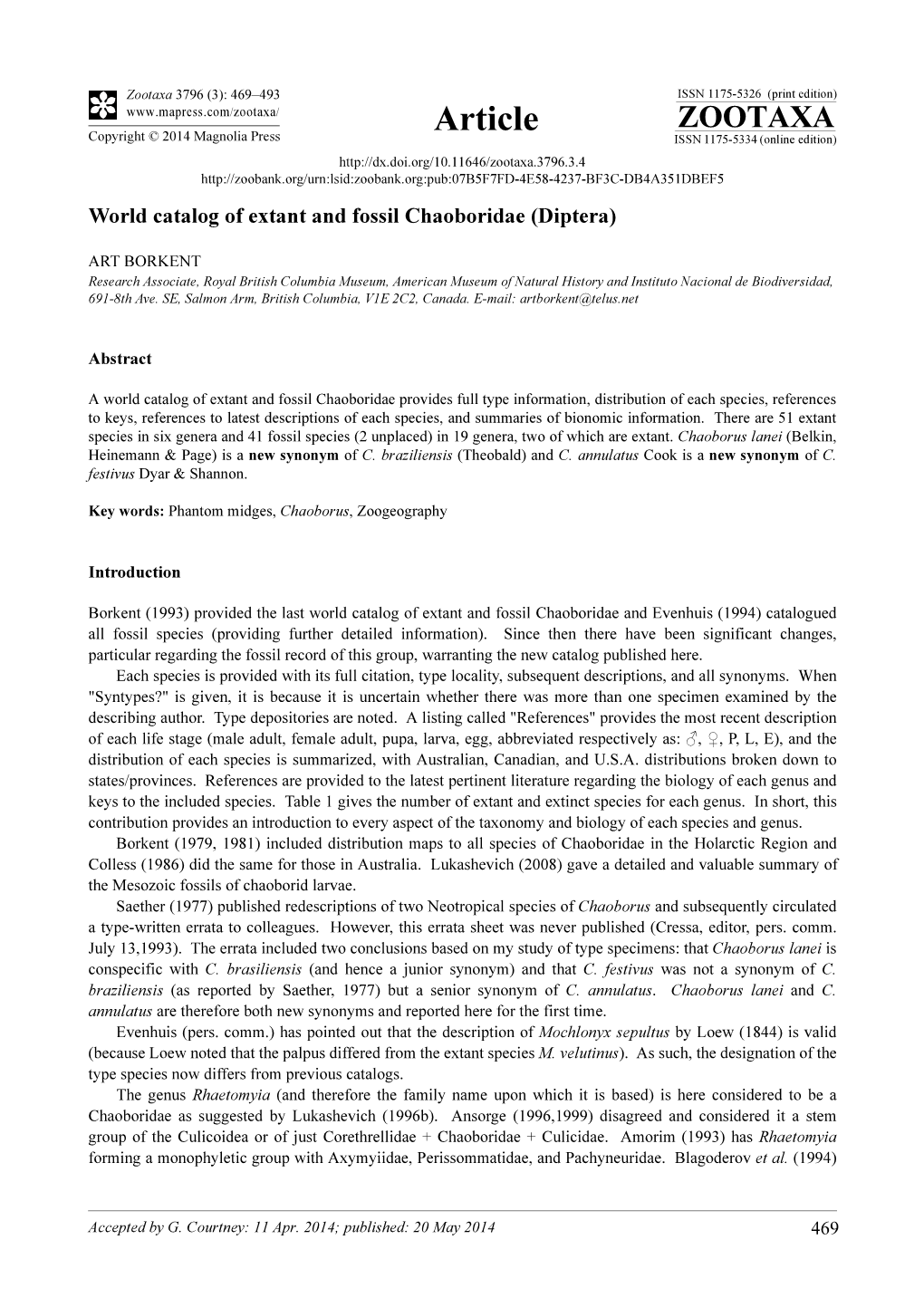 World Catalog of Extant and Fossil Chaoboridae (Diptera)