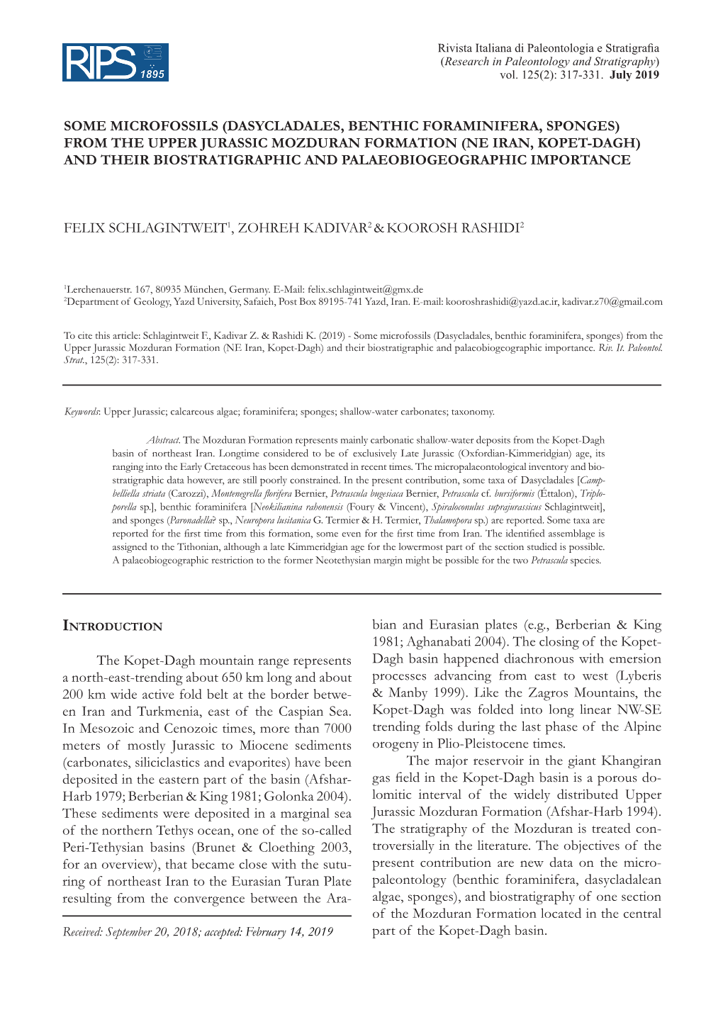 Ne Iran, Kopet-Dagh) and Their Biostratigraphic and Palaeobiogeographic Importance