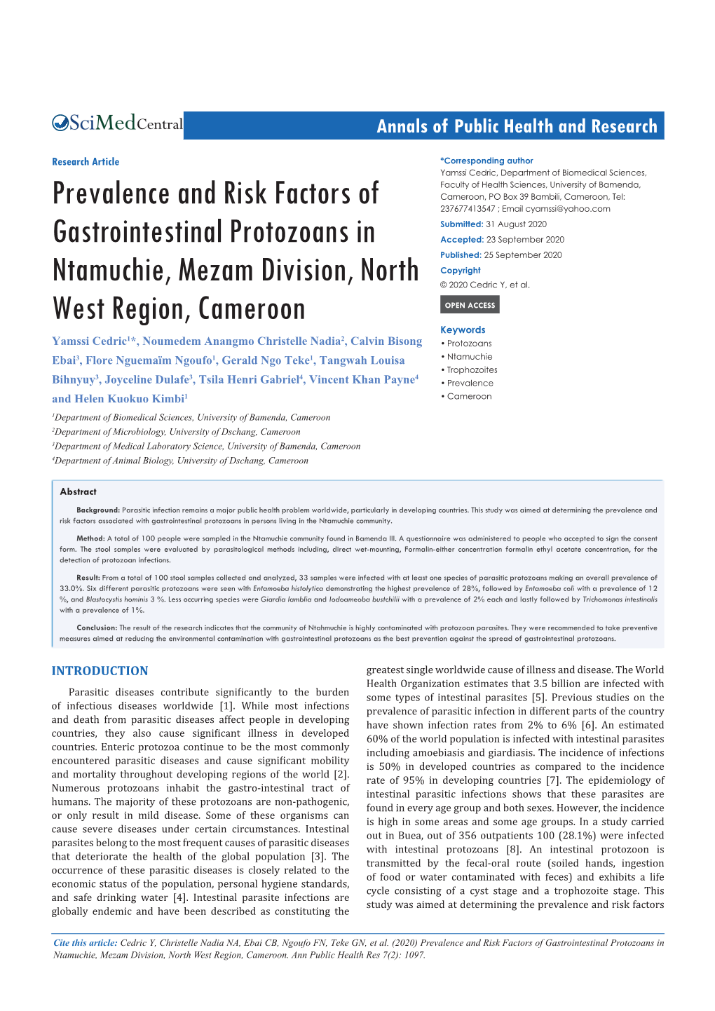 Prevalence and Risk Factors of Gastrointestinal Protozoans in Ntamuchie, Mezam Division, North West Region, Cameroon