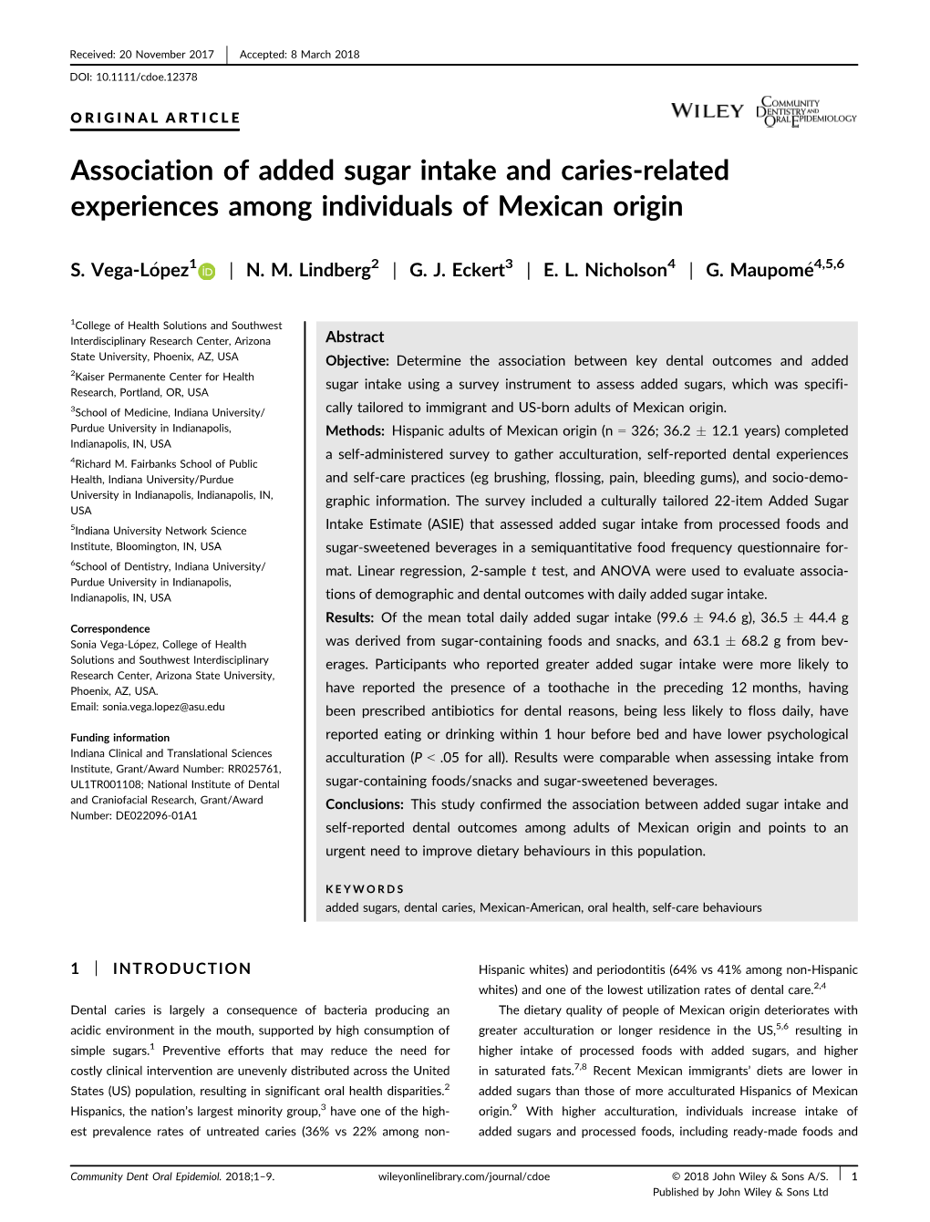 Association of Added Sugar Intake and Caries-Related Experiences Among Individuals of Mexican Origin