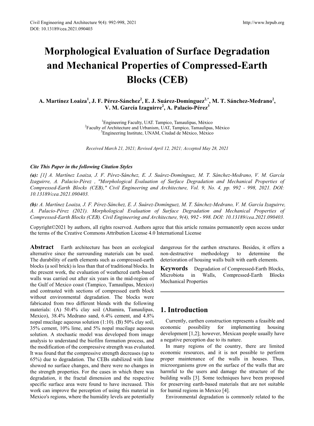 Morphological Evaluation of Surface Degradation and Mechanical Properties of Compressed-Earth Blocks (CEB)
