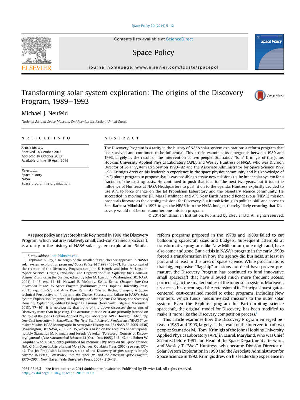 Transforming Solar System Exploration: the Origins of the Discovery Program, 1989E1993